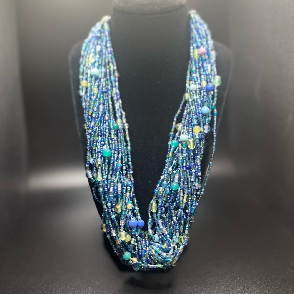 vintage multi strand blue glass seed bead necklace adjustable